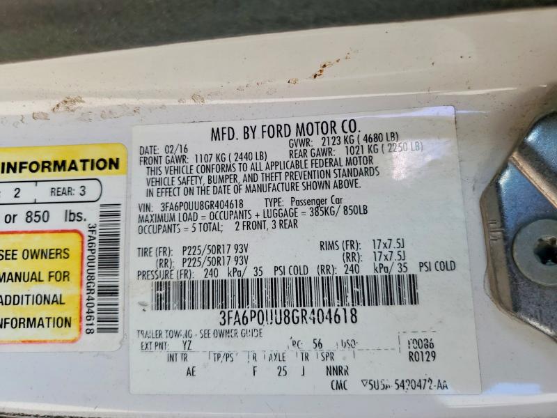 Auction sale of the 2016 Ford Fusion, vin: 3FA6P0UU8GR404618, lot number: 64684256