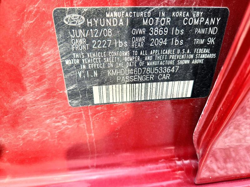 Aukcja sprzedaży 2008 Hyundai Elantra, vin: KMHDU46D78U533647, numer aukcji: 64615006