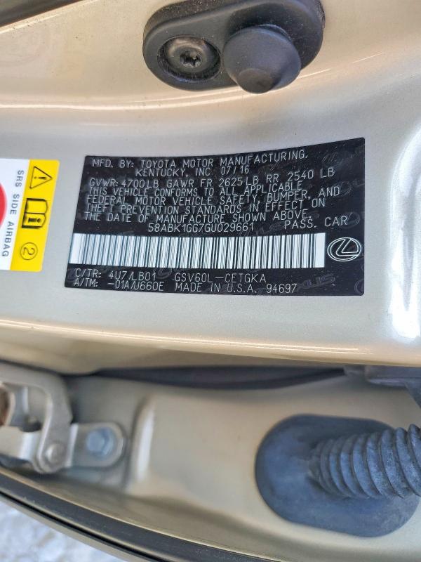 2016 Lexus Es მანქანა იყიდება აუქციონზე, vin: 58ABK1GG7GU029661, აუქციონის ნომერი: 65098776