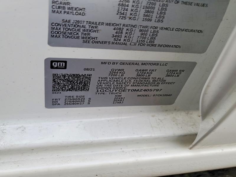 Aukcja sprzedaży 2021 Chevrolet Silverado, vin: 1GCUYGET0MZ405797, numer aukcji: 64917926