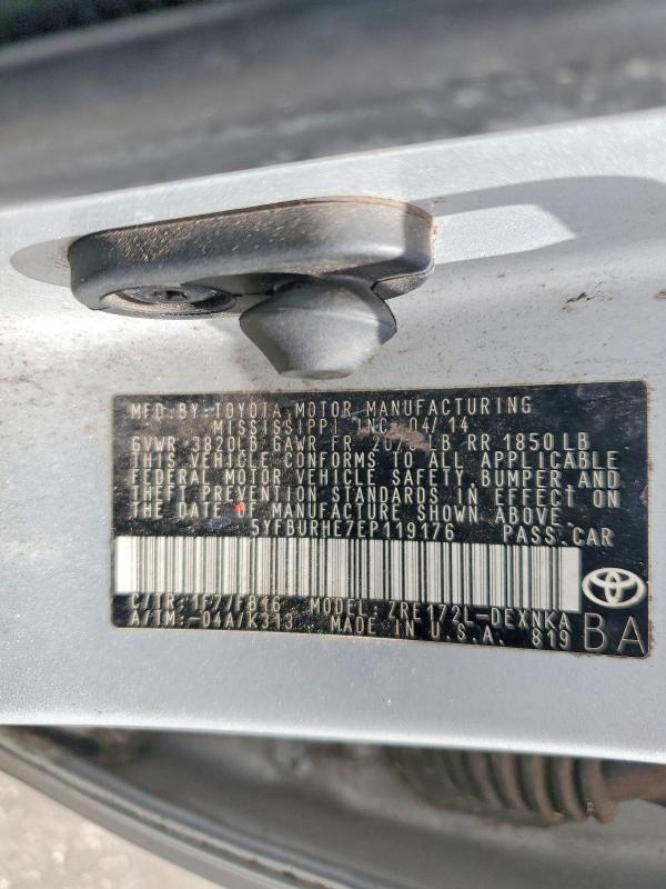 2014 Toyota Corolla მანქანა იყიდება აუქციონზე, vin: 5YFBURHE7EP119176, აუქციონის ნომერი: 64128726