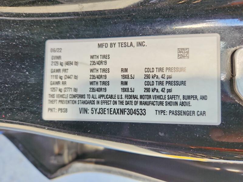 Aukcja sprzedaży 2022 Tesla Model 3, vin: 5YJ3E1EAXNF304533, numer aukcji: 66501016