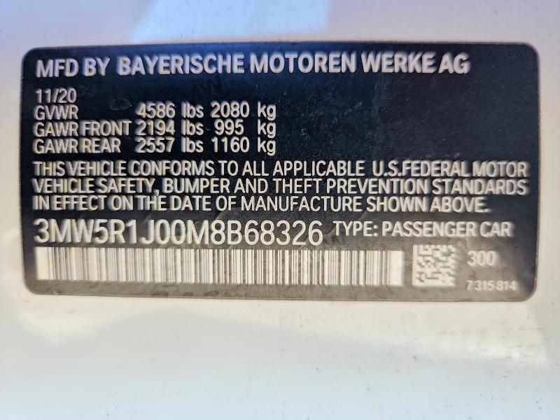 2021 Bmw 330i მანქანა იყიდება აუქციონზე, vin: 3MW5R1J00M8B68326, აუქციონის ნომერი: 66281736