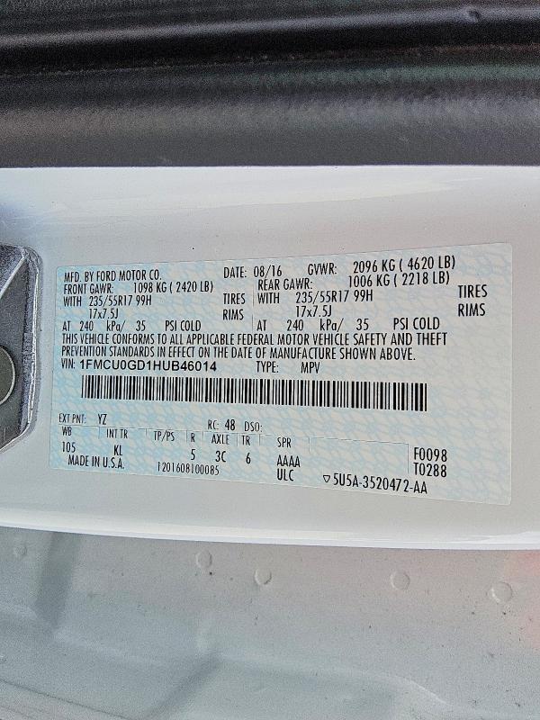 Продаж на аукціоні авто 2017 Ford Escape, vin: 1FMCU0GD1HUB46014, номер лоту: 62447176