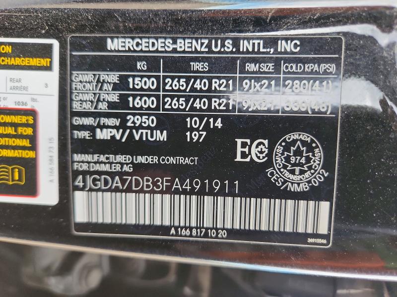 Продаж на аукціоні авто 2015 Mercedes-benz Ml, vin: 4JGDA7DB3FA491911, номер лоту: 65328166