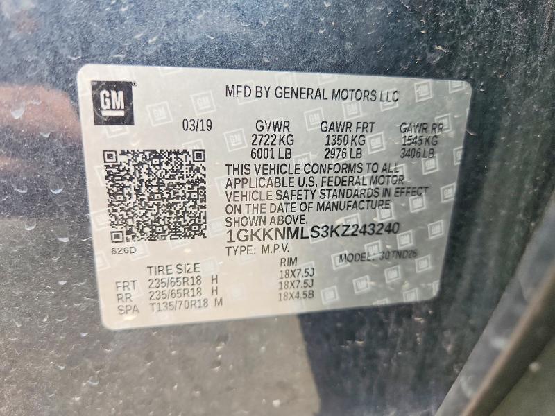 65556586 :رقم المزاد ، 1GKKNMLS3KZ243240 vin ، 2019 Gmc Acadia مزاد بيع