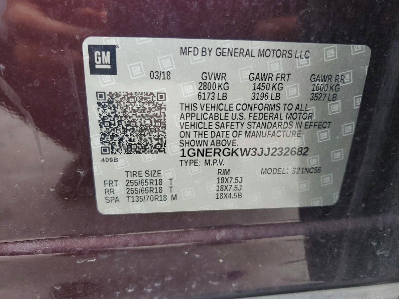 64838156 :رقم المزاد ، 1GNERGKW3JJ232682 vin ، 2018 Chevrolet Traverse مزاد بيع