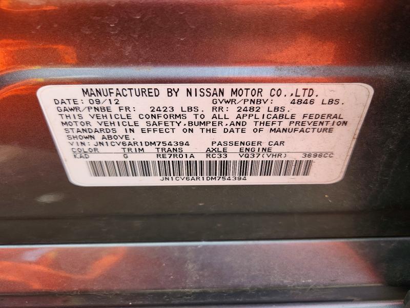 2013 Infiniti G37 Sedan მანქანა იყიდება აუქციონზე, vin: JN1CV6AR1DM754394, აუქციონის ნომერი: 64987566
