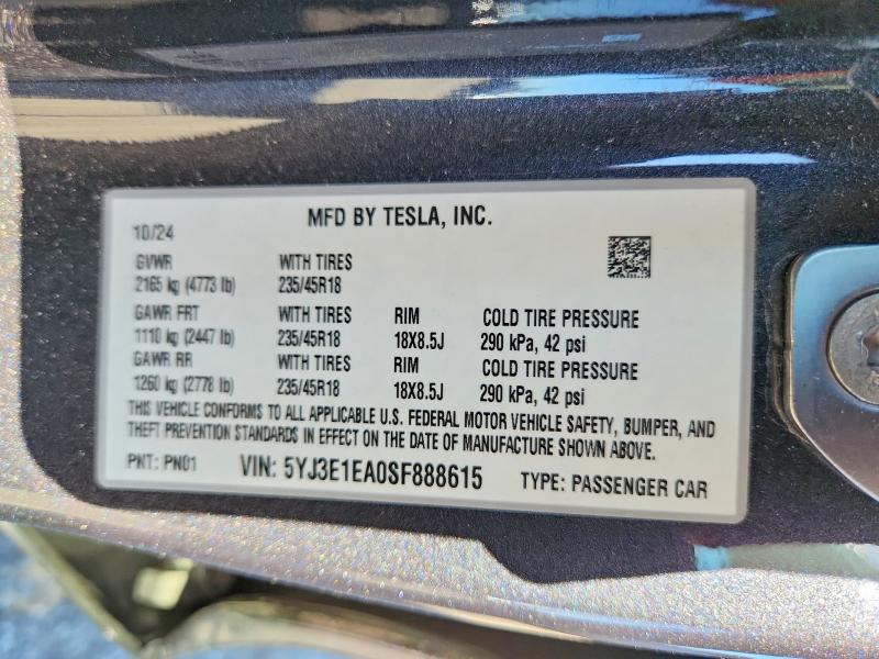 Продаж на аукціоні авто 2025 Tesla Model 3, vin: 5YJ3E1EA0SF888615, номер лоту: 66412096