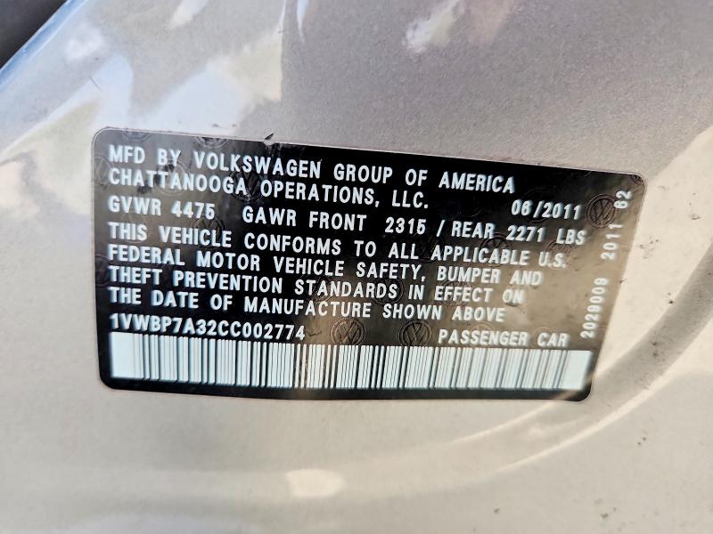 Продаж на аукціоні авто 2012 Volkswagen Passat, vin: 1VWBP7A32CC002774, номер лоту: 65813586