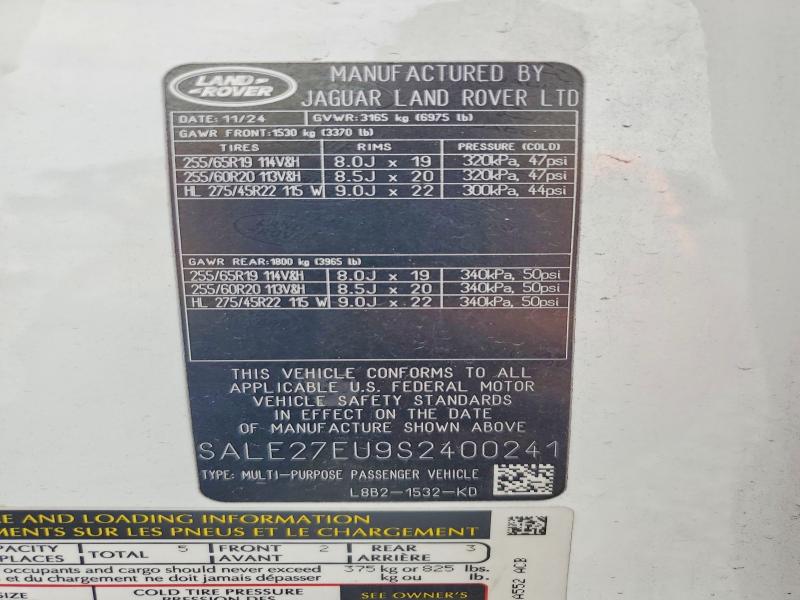 2025 Land Rover Defender მანქანა იყიდება აუქციონზე, vin: SALE27EU9S2400241, აუქციონის ნომერი: 63911426