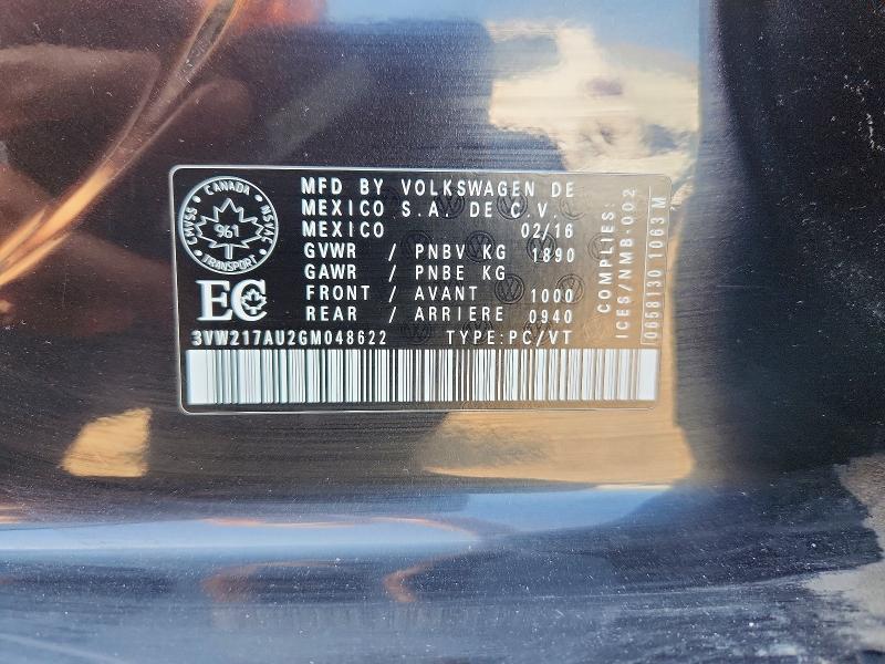 2016 Volkswagen Golf მანქანა იყიდება აუქციონზე, vin: 3VW217AU2GM048622, აუქციონის ნომერი: 65672376
