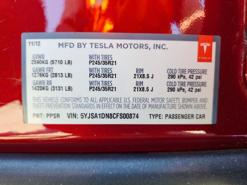 Aukcja sprzedaży 2012 Tesla Model S, vin: 5YJSA1DN8CFS00874, numer aukcji: 65337846