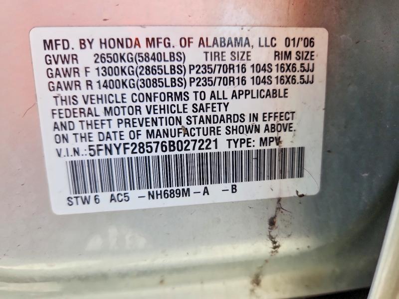 2006 Honda Pilot მანქანა იყიდება აუქციონზე, vin: 5FNYF28576B027221, აუქციონის ნომერი: 63425816