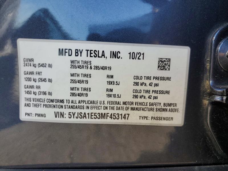 Aukcja sprzedaży 2021 Tesla Model S, vin: 5YJSA1E53MF453147, numer aukcji: 63031566