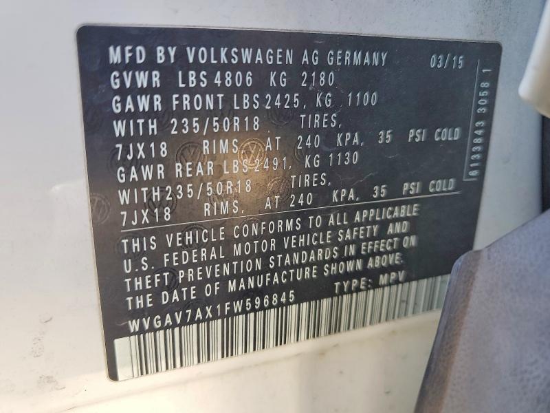 62707526 :رقم المزاد ، WVGAV7AX1FW596845 vin ، 2015 Volkswagen Tiguan مزاد بيع