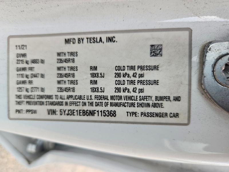 65538666 :رقم المزاد ، 5YJ3E1EB6NF115368 vin ، 2022 Tesla Model 3 مزاد بيع