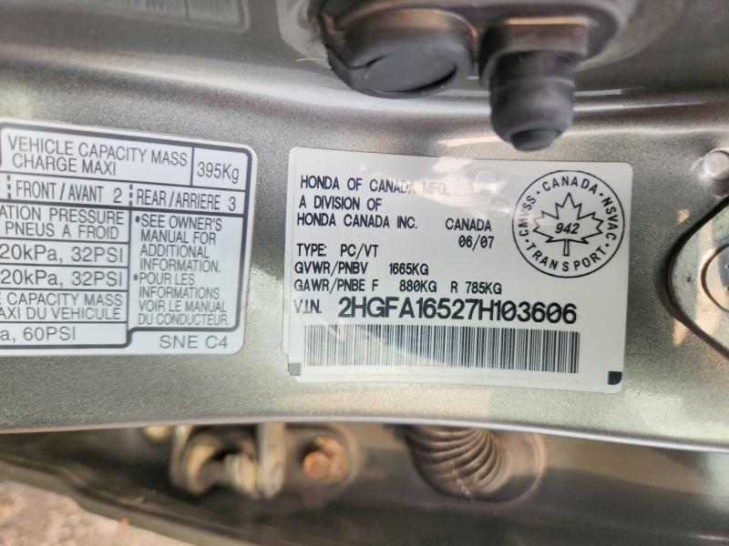 64631166 :رقم المزاد ، 2HGFA16527H103606 vin ، 2007 Honda Civic مزاد بيع