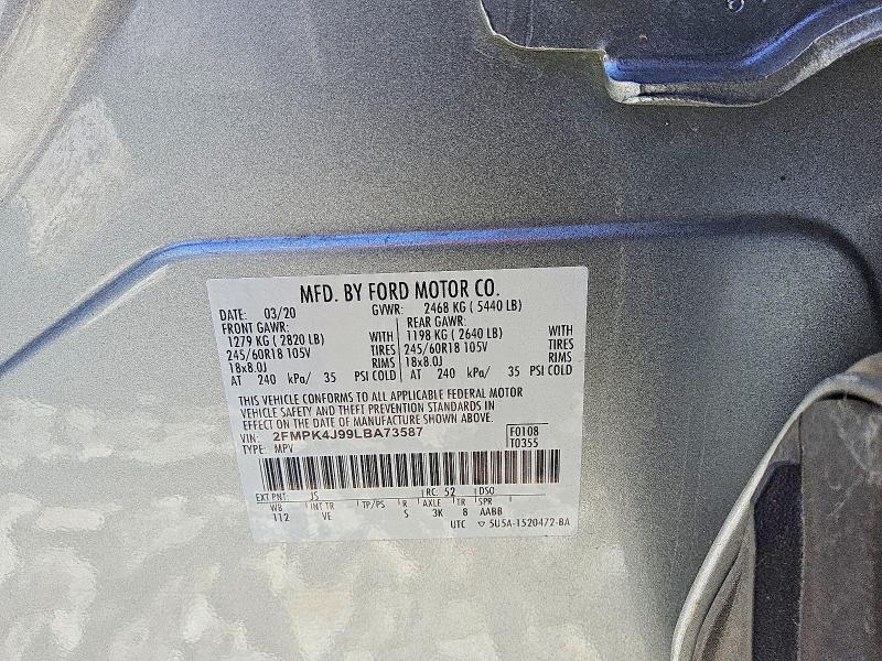 2020 Ford Edge მანქანა იყიდება აუქციონზე, vin: 2FMPK4J99LBA73587, აუქციონის ნომერი: 65309766