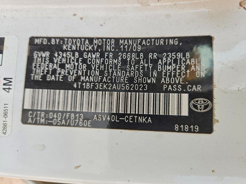 2010 Toyota Camry მანქანა იყიდება აუქციონზე, vin: 4T1BF3EK2AU562023, აუქციონის ნომერი: 65295426