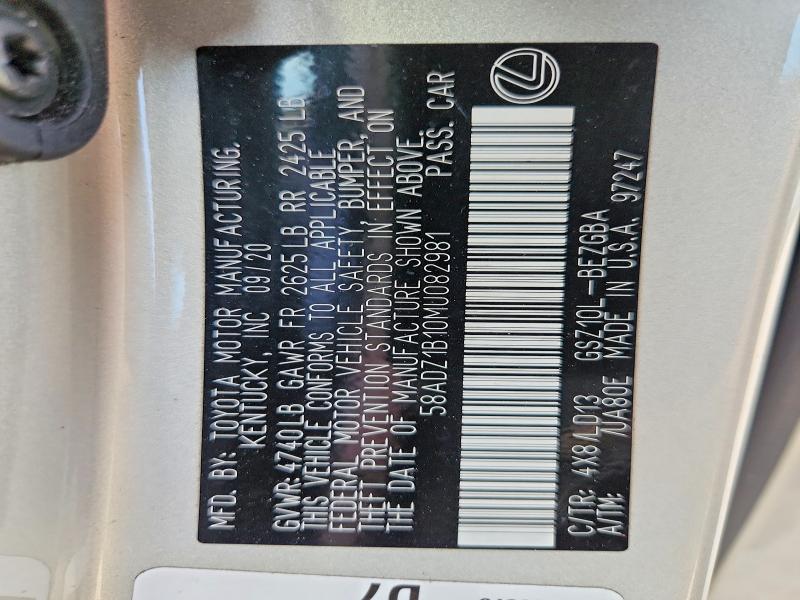 65838826 :رقم المزاد ، 58ADZ1B10MU082981 vin ، 2021 Lexus Es 350 مزاد بيع