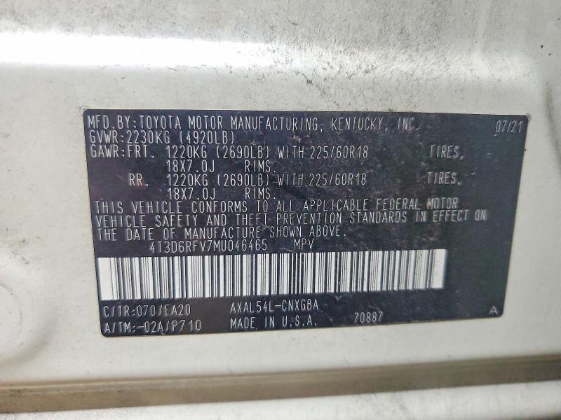 Продажа на аукционе авто 2021 Toyota Rav4, vin: 4T3D6RFV7MU046465, номер лота: 63675776