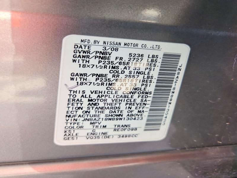 Aukcja sprzedaży 2009 Nissan Murano, vin: JN8AZ18W89W130423, numer aukcji: 63535506