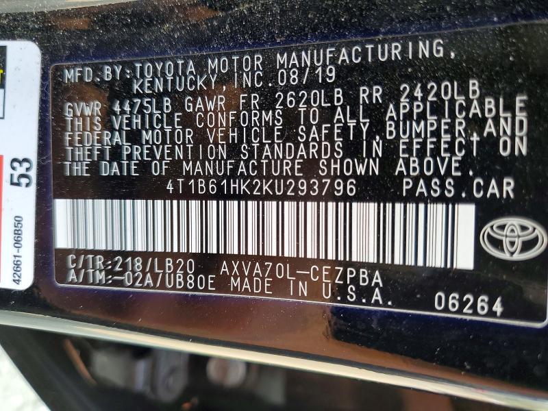 2019 Toyota Camry მანქანა იყიდება აუქციონზე, vin: 4T1B61HK2KU293796, აუქციონის ნომერი: 63622936