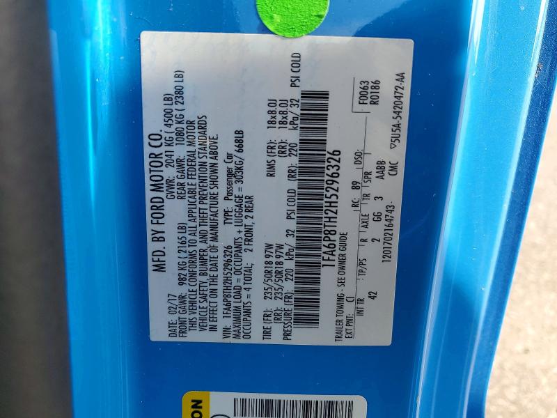 2017 Ford Mustang მანქანა იყიდება აუქციონზე, vin: 1FA6P8TH2H5296326, აუქციონის ნომერი: 66445376