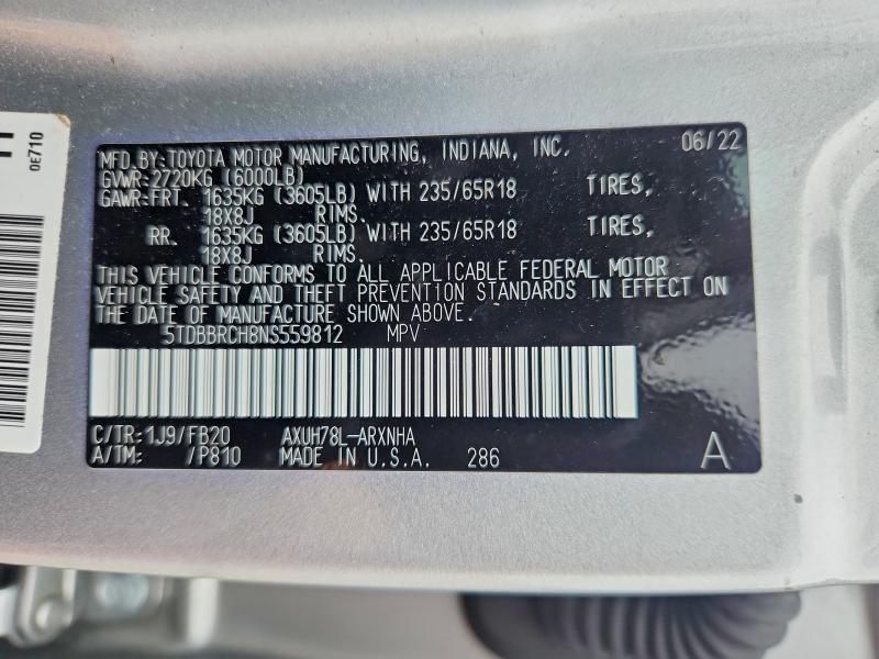 Aukcja sprzedaży 2022 Toyota Highlander, vin: 5TDBBRCH8NS559812, numer aukcji: 64067516