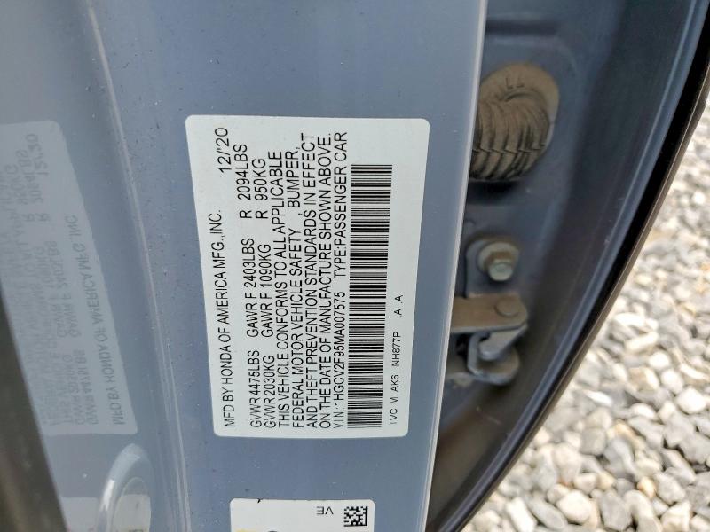 65876546 :رقم المزاد ، 1HGCV2F95MA007575 vin ، 2021 Honda Accord مزاد بيع