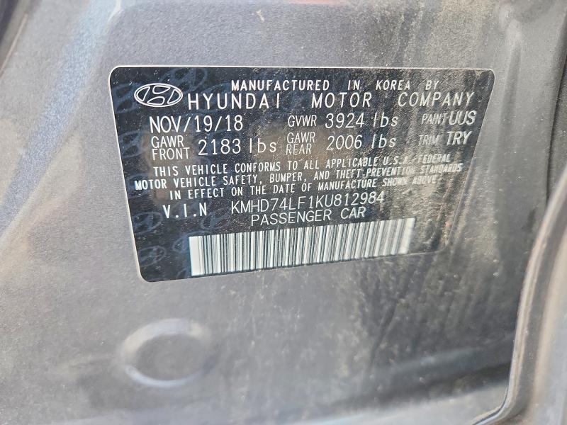 Продаж на аукціоні авто 2019 Hyundai Elantra, vin: KMHD74LF1KU812984, номер лоту: 62716906