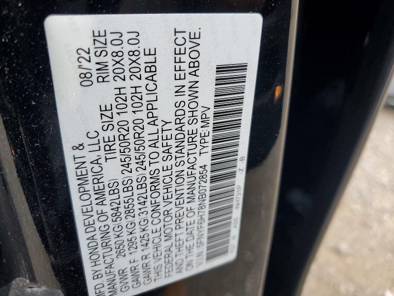 Продаж на аукціоні авто 2022 Honda Pilot, vin: 5FNYF6H78NB072854, номер лоту: 66730656