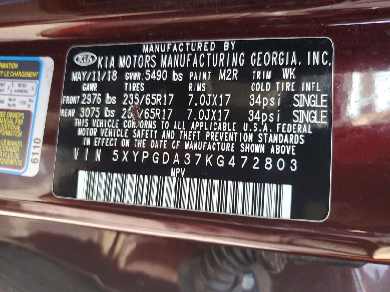 67250306 :رقم المزاد ، 5XYPGDA37KG472803 vin ، 2019 Kia Sorento مزاد بيع