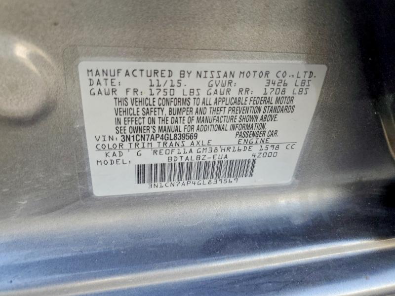 Aukcja sprzedaży 2016 Nissan Versa, vin: 3N1CN7AP4GL839569, numer aukcji: 66450556
