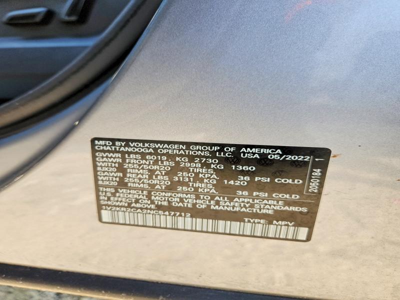 63479176 :رقم المزاد ، 1V2KR2CA2NC547712 vin ، 2022 Volkswagen Atlas مزاد بيع
