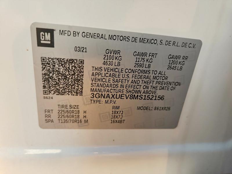 2021 Chevrolet Equinox მანქანა იყიდება აუქციონზე, vin: 3GNAXUEV8MS152156, აუქციონის ნომერი: 64336066