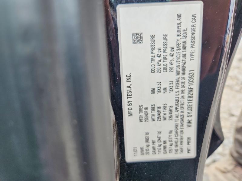 2022 Tesla Model 3 მანქანა იყიდება აუქციონზე, vin: 5YJ3E1EB2NF103931, აუქციონის ნომერი: 63969006