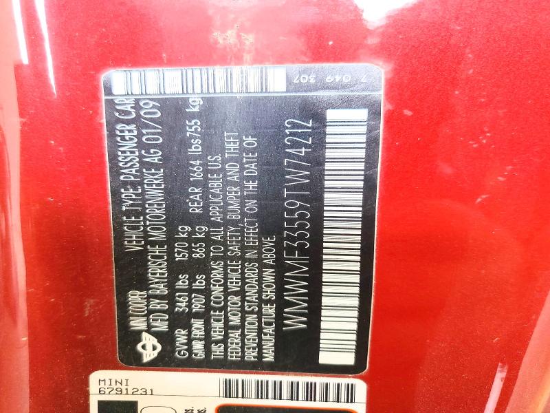 Aukcja sprzedaży 2009 Mini Cooper, vin: WMWMF33559TW74212, numer aukcji: 64062186