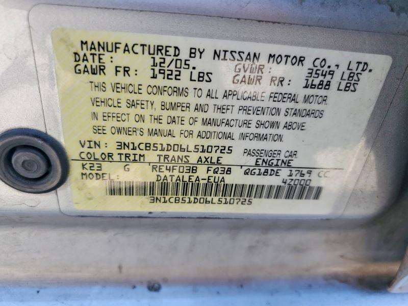 Aukcja sprzedaży 2006 Nissan Sentra, vin: 3N1CB51D06L510725, numer aukcji: 64499526