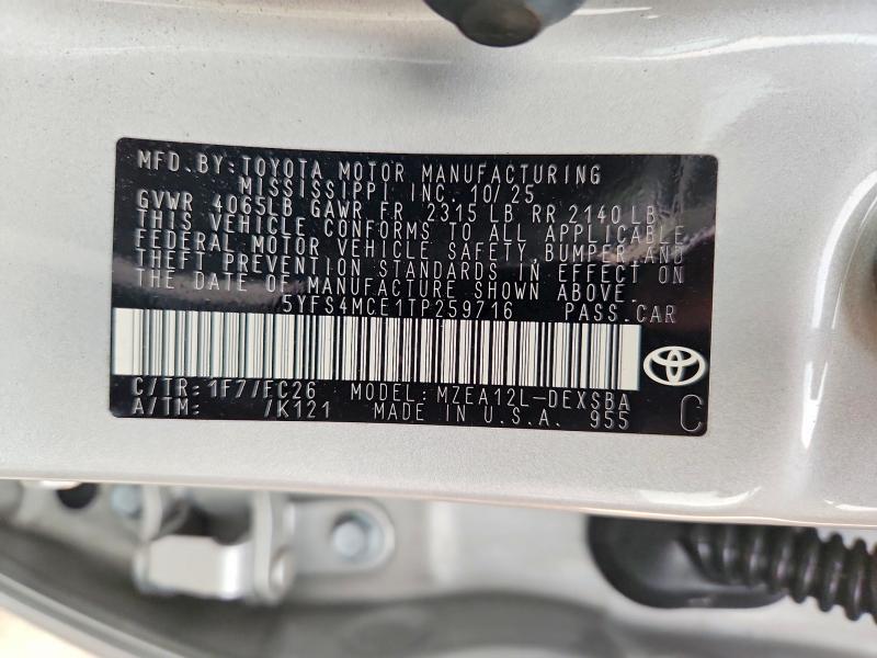 2026 Toyota Corolla მანქანა იყიდება აუქციონზე, vin: 5YFS4MCE1TP259716, აუქციონის ნომერი: 63760096
