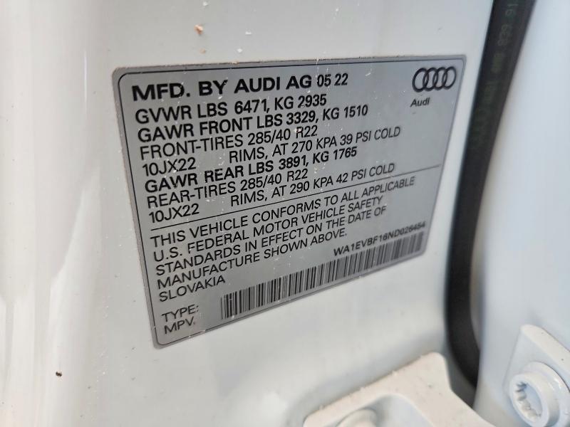 67081996 :رقم المزاد ، WA1EVBF16ND026454 vin ، 2022 Audi Q8 مزاد بيع