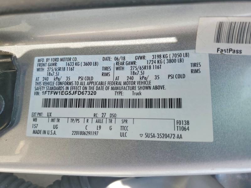 Продаж на аукціоні авто 2018 Ford F150, vin: 1FTFW1EG5JFD67320, номер лоту: 64886296