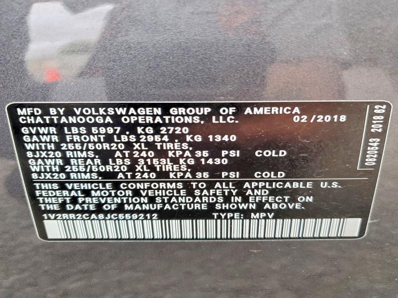 Продажа на аукционе авто 2018 Volkswagen Atlas, vin: 1V2RR2CA8JC559212, номер лота: 65545696