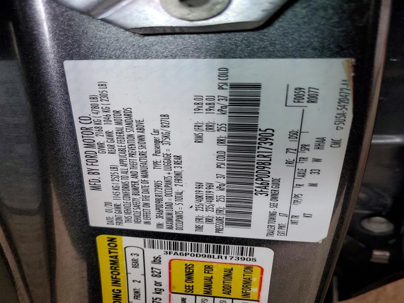 2020 Ford Fusion მანქანა იყიდება აუქციონზე, vin: 3FA6P0D98LR173905, აუქციონის ნომერი: 65437276