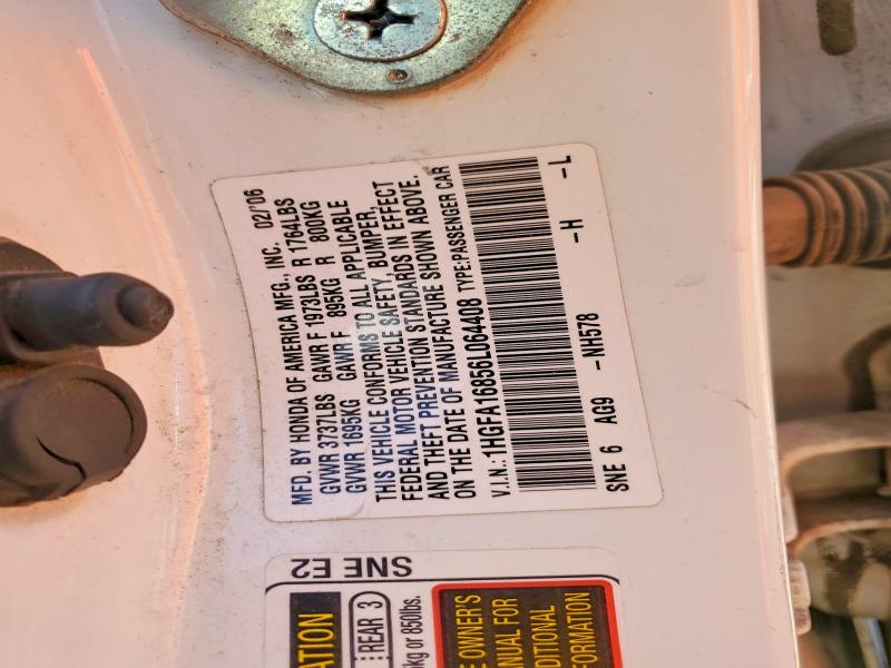 65119826 :رقم المزاد ، 1HGFA16856L064408 vin ، 2006 Honda Civic مزاد بيع