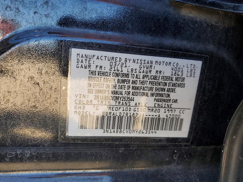2021 Nissan Sentra მანქანა იყიდება აუქციონზე, vin: 3N1AB8CV0MY263544, აუქციონის ნომერი: 65603126