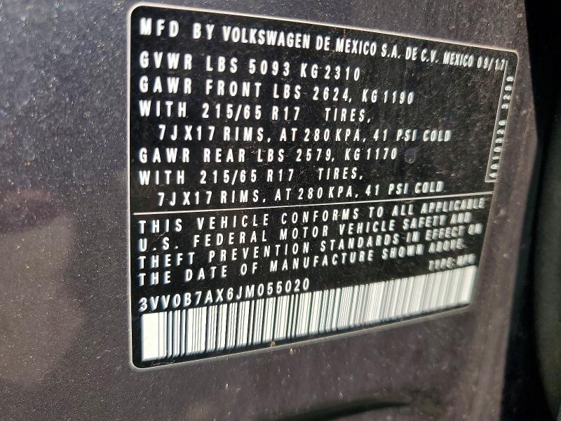 2018 Volkswagen Tiguan მანქანა იყიდება აუქციონზე, vin: 3VV0B7AX6JM055020, აუქციონის ნომერი: 64070196