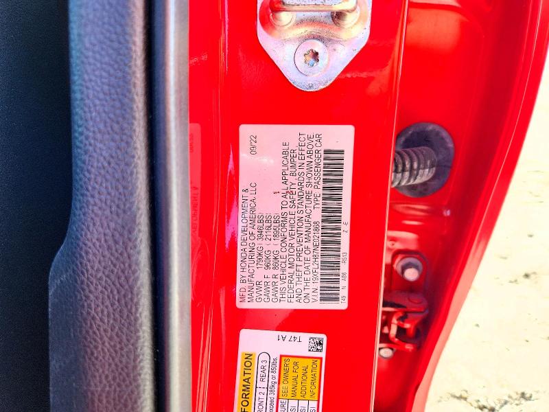 2022 Honda Civic მანქანა იყიდება აუქციონზე, vin: 19XFL2H87NE021868, აუქციონის ნომერი: 64914116