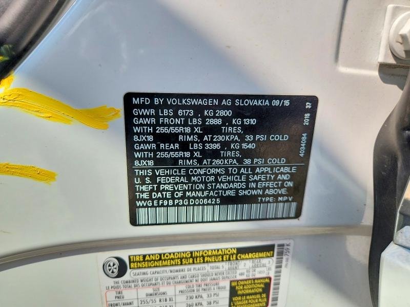 64680076 :رقم المزاد ، WVGEF9BP3GD006425 vin ، 2016 Volkswagen Touareg مزاد بيع
